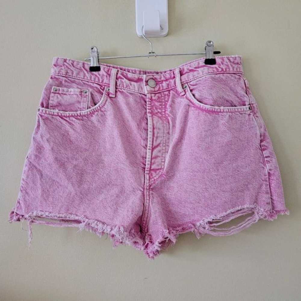 Zara frayed distressed high waist pink cotton acid wash denim shorts womens US12